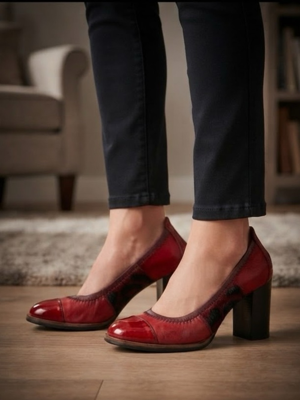 ⁠Hispanitas Red Patent & Leopard Haircalf Block Heel Pumps